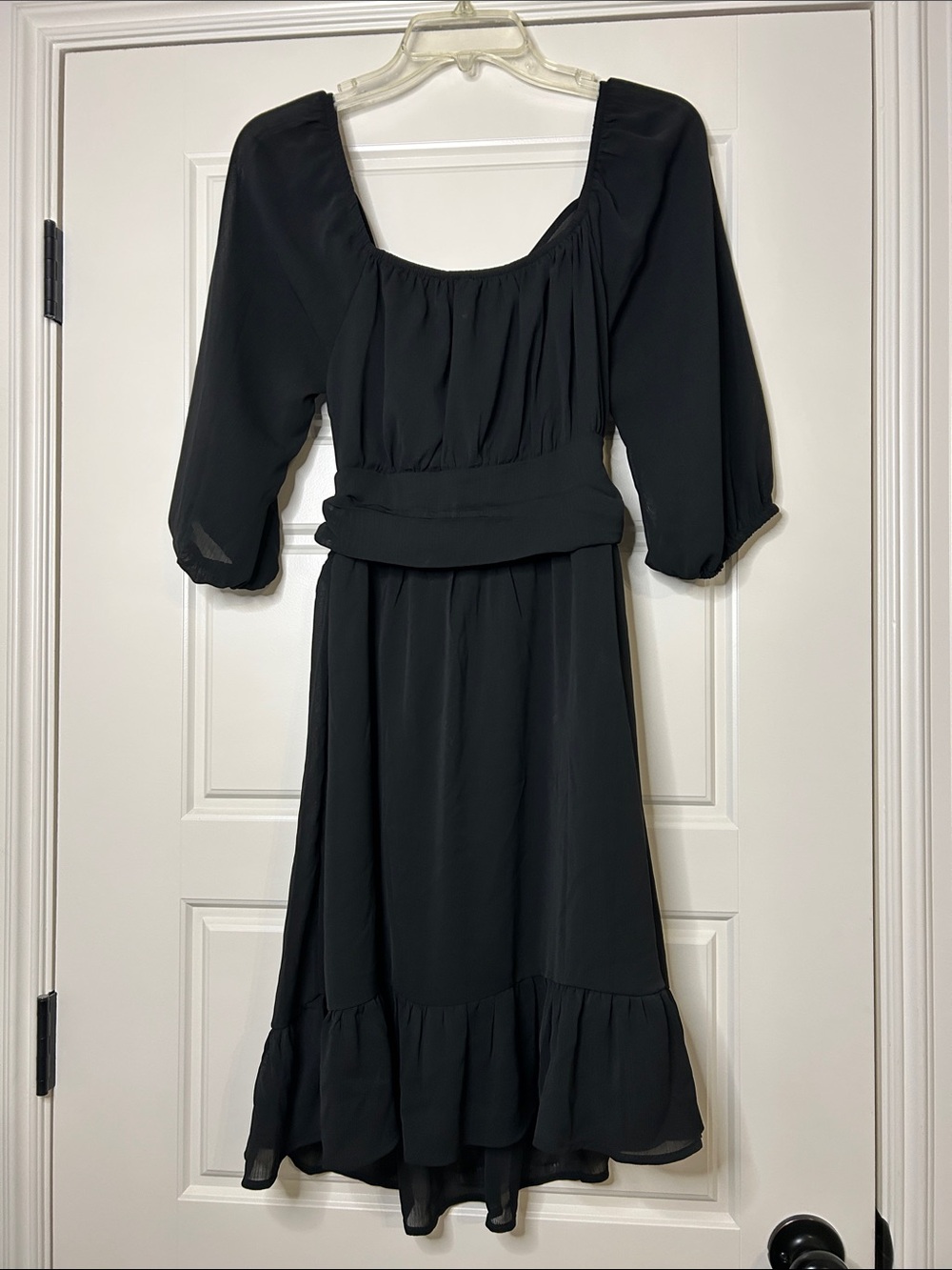 Women's Black Midi Dress with Puff Sleeves